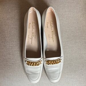 Salvatore Ferragamo Cream Loafers with Gold Chain